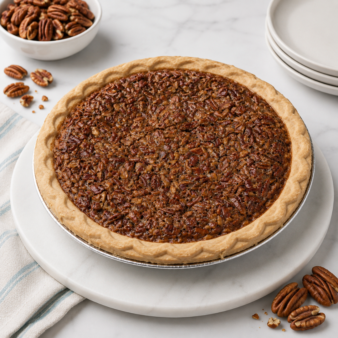 Whole 9-inch pecan pie handcrafted by Pie in the Sky Pie Co.