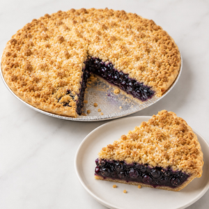 Sliced Blueberry Pie showing the filling, crust and a generous slice ready to serve