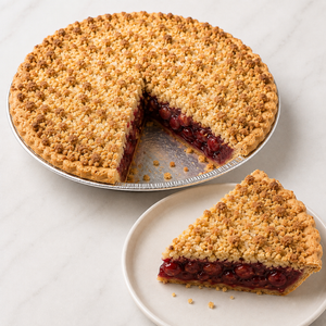 Sliced cherry pie showing the filling, crust and a generous slice ready to serve