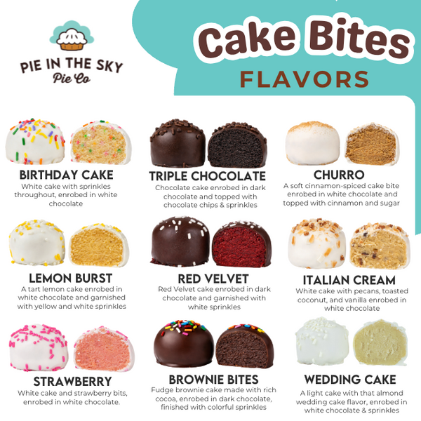 Cake Bites flavors from Pie in the Sky Pie Co with images and descriptions.