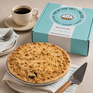 Blueberry Pie from Pie in the Sky Pie Co. with signature gift box and coffee, available for nationwide shipping