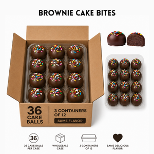 Bulk brownie cake balls from Pie in the Sky Pie Co. — fudgy chocolate flavor available in wholesale case quantities