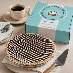 Chocolate silk pie from Pie in the Sky Pie Co. with signature gift box and coffee, available for nationwide shipping
