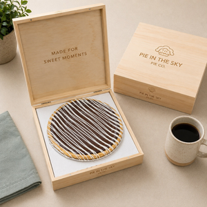 Best Chocolate Silk Pie with Wooden Gift Box Shipped Nationwide for corporate Gifts from Pie in the Sky Pie Company