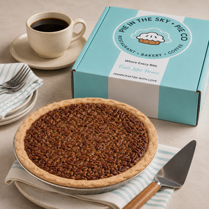 Pecan pie from Pie in the Sky Pie Co. with signature gift box and coffee, available for nationwide shipping
