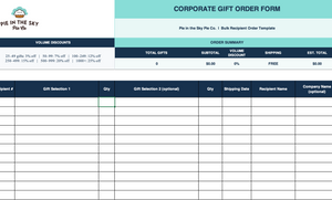 A digital preview of a corporate gift order form template from 'Pie in the Sky Pie Co.', showing a spreadsheet layout with columns for recipient, gift selection, quantity, shipping date, and summary totals.